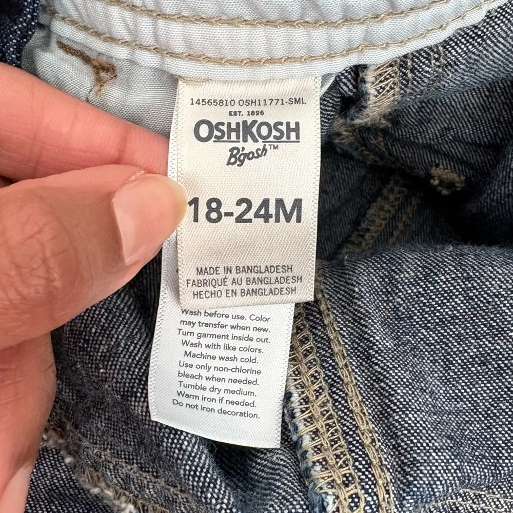 OshKosh B'gosh Kids Unisex Blue Denim Overalls 18-24 Months Classic Snaps Cotton